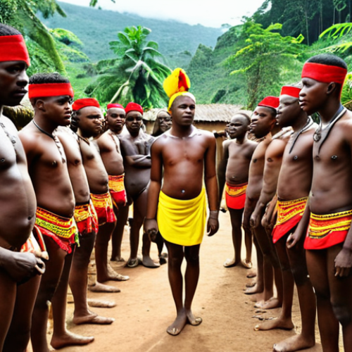 Home 11 **
A vibrant initiation ceremony in a Cameroonian village. Young men in traditional clothing are participating in a ritual under the watchful eyes of elders. Focus on the expressions of intensity and spiritual connection. Background shows lush forest scenery.
**