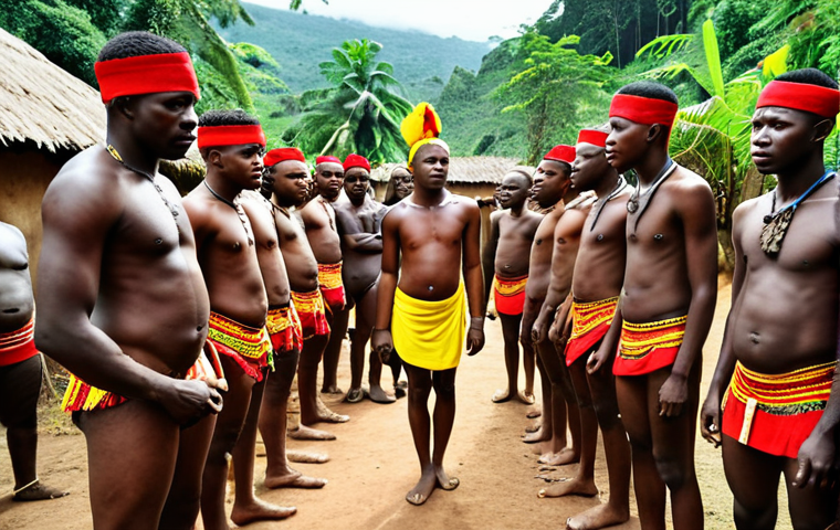 **
A vibrant initiation ceremony in a Cameroonian village. Young men in traditional clothing are participating in a ritual under the watchful eyes of elders. Focus on the expressions of intensity and spiritual connection. Background shows lush forest scenery.
**