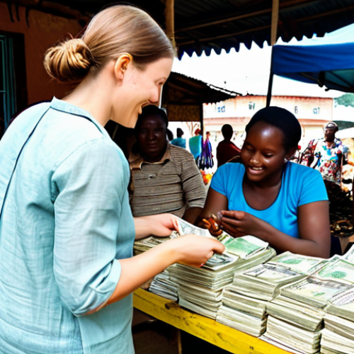 Home 6 A professional female traveler, fully clothed in a modest, light linen shirt and comfortable trousers, engaging in a friendly transaction with a local vendor in a vibrant, bustling outdoor market in a Cameroonian town. The vendor is also fully clothed in appropriate, traditional modest attire, presenting colorful local crafts. The traveler is holding CFA franc banknotes. The scene captures the authentic atmosphere of the market with various stalls and people in the background, all fully clothed and in family-friendly settings. Professional photography, high detail, realistic, perfect anatomy, correct proportions, natural pose, well-formed hands, proper finger count, natural body proportions, safe for work, appropriate content.