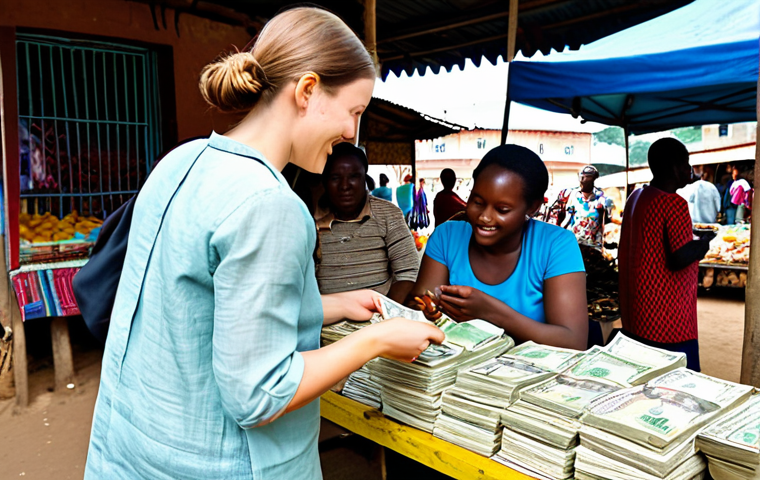A professional female traveler, fully clothed in a modest, light linen shirt and comfortable trousers, engaging in a friendly transaction with a local vendor in a vibrant, bustling outdoor market in a Cameroonian town. The vendor is also fully clothed in appropriate, traditional modest attire, presenting colorful local crafts. The traveler is holding CFA franc banknotes. The scene captures the authentic atmosphere of the market with various stalls and people in the background, all fully clothed and in family-friendly settings. Professional photography, high detail, realistic, perfect anatomy, correct proportions, natural pose, well-formed hands, proper finger count, natural body proportions, safe for work, appropriate content.
