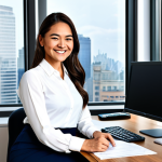 **

"A professional businesswoman in a modern office setting, wearing a tailored navy blue pantsuit, crisp white blouse, and comfortable flats. She is smiling confidently while reviewing documents. Background includes a clean desk, computer monitors, and a city skyline view through a large window. Perfect anatomy, correct proportions, well-formed hands, proper finger count, natural pose, fully clothed, modest clothing, appropriate attire, professional, safe for work, appropriate content, family-friendly, high quality."

**