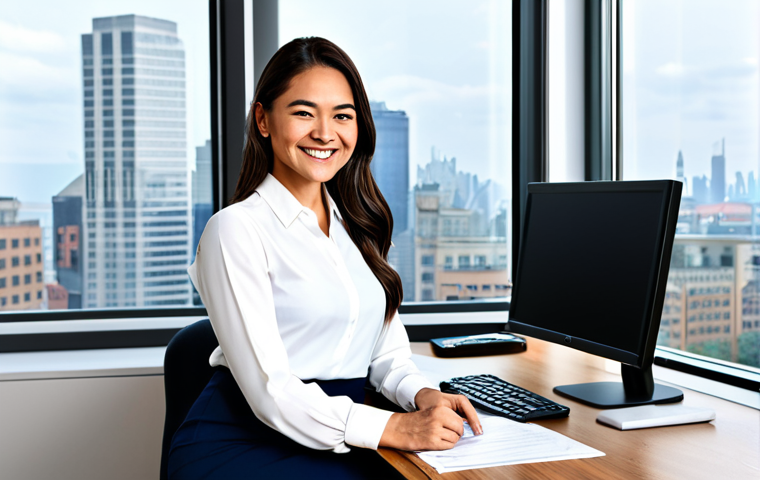 **
"A professional businesswoman in a modern office setting, wearing a tailored navy blue pantsuit, crisp white blouse, and comfortable flats. She is smiling confidently while reviewing documents. Background includes a clean desk, computer monitors, and a city skyline view through a large window. Perfect anatomy, correct proportions, well-formed hands, proper finger count, natural pose, fully clothed, modest clothing, appropriate attire, professional, safe for work, appropriate content, family-friendly, high quality."
**