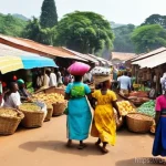 카메룬 사건 및 사고 - **Cultural Vibrancy in a Cameroonian Market:**
    "A bustling, open-air market scene in a lively Ca...