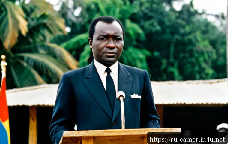 Home 17 카메룬 독립 지도자 아마두 아히조 - Photorealistic historical portrait of Cameroon independence leader Ahmadou Ahidjo standing at a wood...