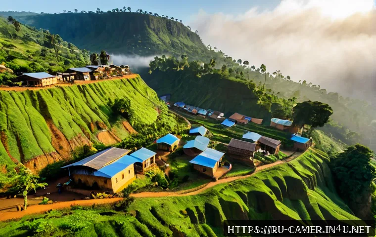 Home 17 카메룬 바멘다 절벽 마을 - Photorealistic wide-angle view of a traditional village perched along the dramatic green cliffs near...